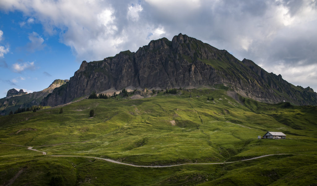 Auf dem Pragelpass vom Sonnenlicht beleuchtete Wiese vor dunklen Bergen auf dem Pragelpass