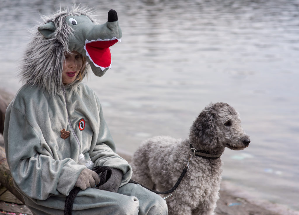 Luzerner Fasnacht, Kind im grauen Hundekostüm mit grauem Pudel an der Leine