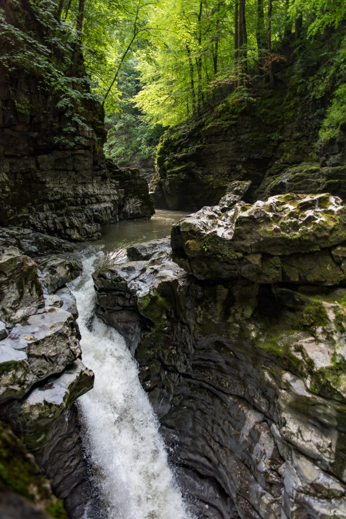 schmalste Stelle der Muota Flusslandschaft im Muotathal, Wasserfall, Katarakt, Laubwald im Gegenlicht