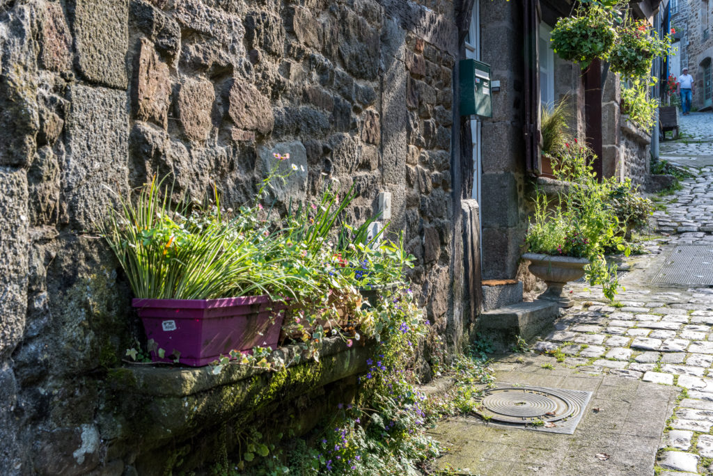 Breizh, Bretagne, Dinan, Blumenkisten an einer alten Steinmauer in der Gasse zum Hafen