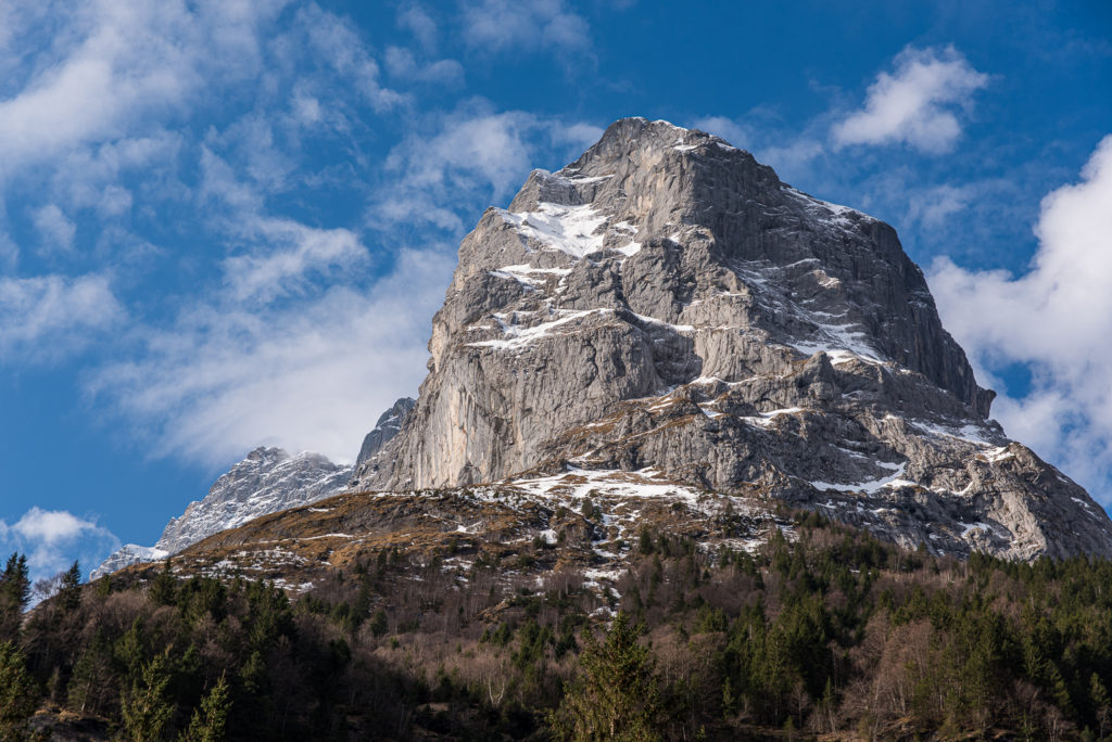 verschneiter Berggipfel, leicht bew&ouml;lkter Himmel, Bergwald