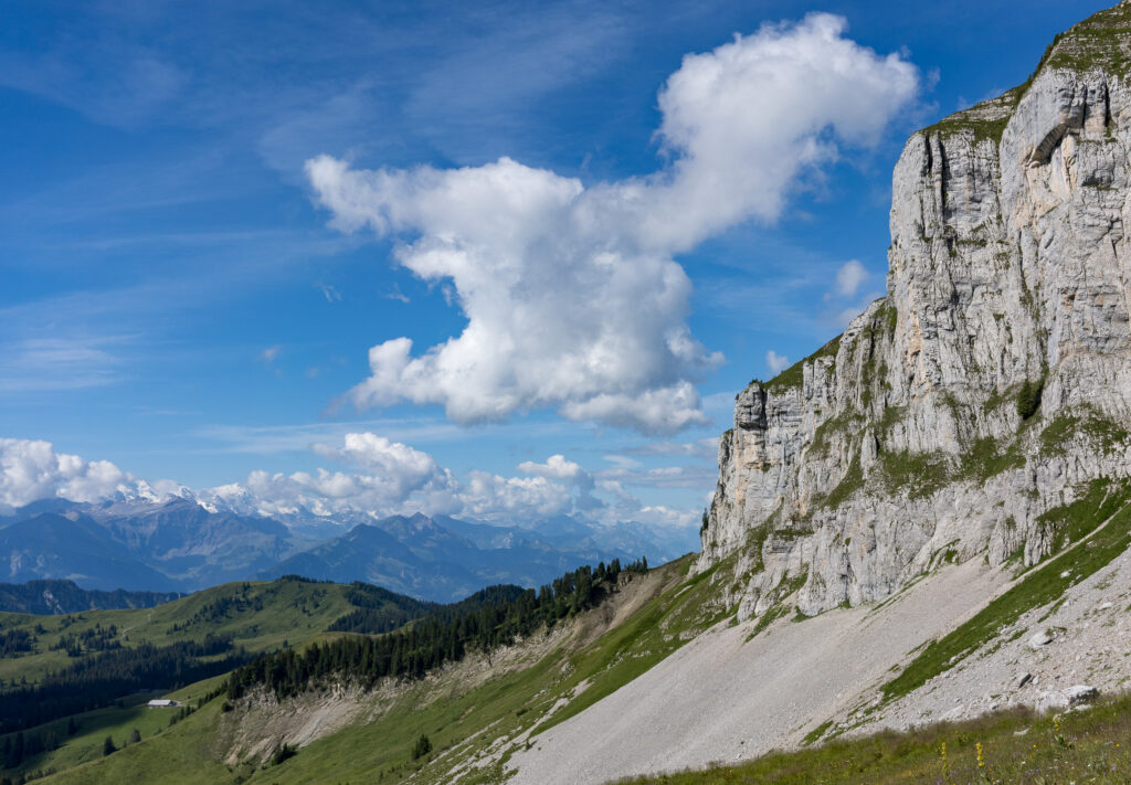senkrechte Felswand, Ger&ouml;llhalde und schneebedeckte Berge im Hintergrund, Himmel mit Quellwolken